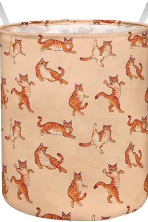 WIRESTER Canvas Fabric Collapsible Laundry Hamper, Large Storage Basket Toy Organizer Dirty Clothes for Home Bedroom Bathroom Nursery - Orange Tabby Cat Funny Playful Postures