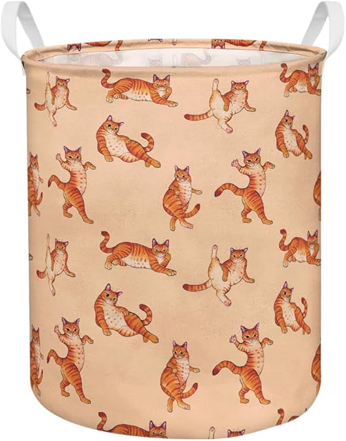 WIRESTER Canvas Fabric Collapsible Laundry Hamper, Large Storage Basket Toy Organizer Dirty Clothes for Home Bedroom Bathroom Nursery - Orange Tabby Cat Funny Playful Postures