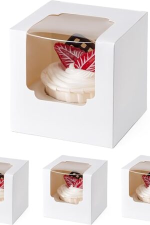 BOOMIBOO 50 Pack Individual Cupcake Containers, Cupcake Boxes with Window, Food Grade Cupcake Holders with Inserts, Stackable Deep Cupcake Carrier (White)