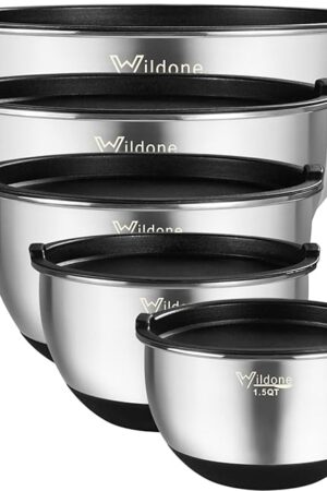 Wildone Mixing Bowls with Airtight Lids, Stainless Steel Nesting Mixing Bowls Set of 5, with Non-slip Silicone Bottoms, Size 8, 5, 3, 2, 1.5 QT, Stackable Design, Great for Mixing and Prepping