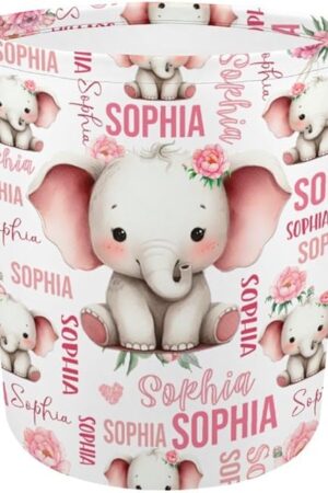 ZOE DAVISON Custom Elephant Laundry Baskets,Personalized Elephant Gifts,Customize Name Laundry Hamper for Boys Girls Adults,Collapsible Clothes Storage Organizer,16.5 x 13.8in