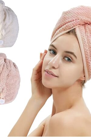 2 Pack Microfiber Hair Towel Wrap,Hair Drying Towel with Button, Towel Turban,Head Towel to Dry Hair Quickly (Pink&Beige)