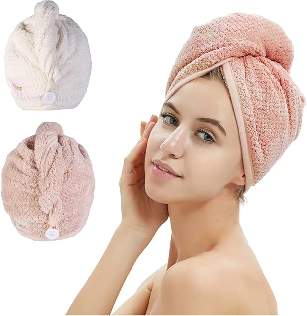 2 Pack Microfiber Hair Towel Wrap,Hair Drying Towel with Button, Towel Turban,Head Towel to Dry Hair Quickly (Pink&Beige)