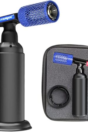 Butane Torch with Anti-scalding Device,Stainless Steel Protective Cover,Refillable Kitchen Torch Lighter,Adjustable Flame Guard. (Butane Gas Not Included,Blue)