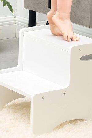 WOOD CITY Toddler Step Stool, Wooden 2 Step Stools for Bathroom Sink Potty Training Kitchen Dual Height Stool Helper for Kids Bonus Non-Slip Pads and Handles for Safety (White)