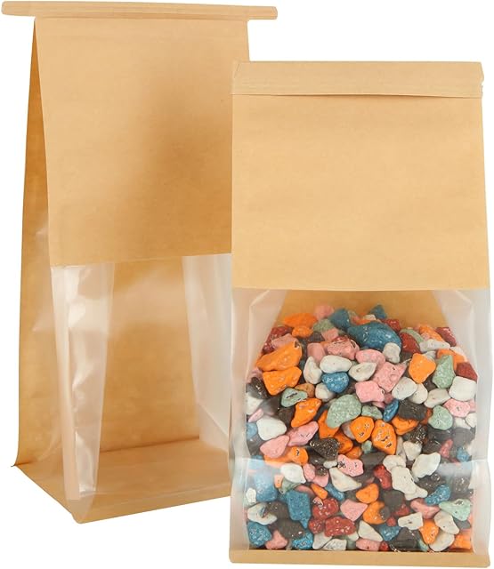 QTLCOHD 100Pcs Brown Paper Bread Bags with Window, 5.1 x 4.3 x 11 Inch, Tin Tie Tab Lock Pastry Paper Bakery Bags for Packaging Cookies, Loaf, Popcorn