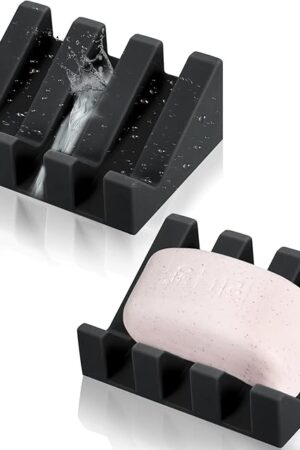 Cunhill 2 Pieces Silicone Soap Dish Self Draining Soap Dish Shower Waterfall Bar Soap Holder Tray with Drain Soap Saver for Kitchen Bathroom Accessories (Black)