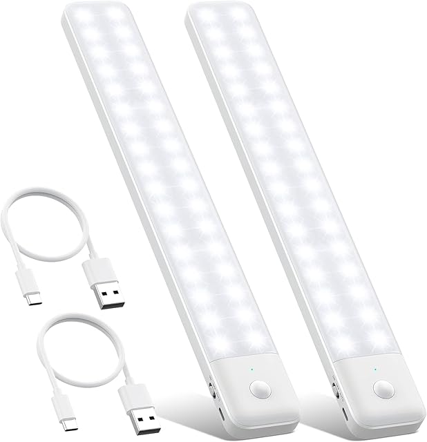 80LEDs Under Cabinet Light 2 Pack,Motion Sensor Led Light Indoor,USB C Rechargeable Closet Under Counter Lighting,12.6inch Battery Powered Operated Night Light for Kitchen,Wardrobe,Cupboard