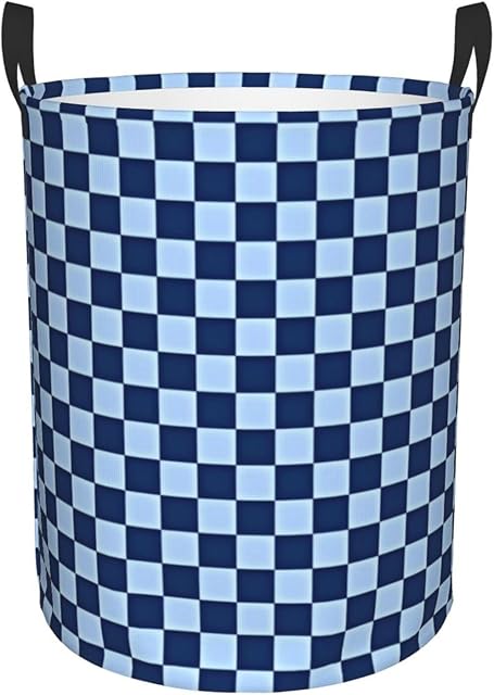EdNeY Abstract Blue Checkered Laundry Basket Waterproof Foldable Laundry Hamper with Durable Handle Round Storage Bin Dirty Clothes Bag for Kids Bathroom Bedroom Dorm, Medium, Zxxzyl1110-44