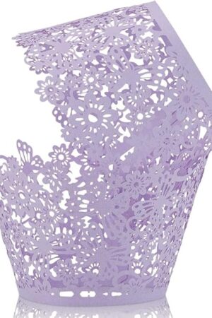 50Pcs Cupcake Wrappers Artistic Bake Cake Paper Lace Laser Cut Liner Baking Cup Wraps Muffin for Wedding Party Birthday Decoration (Light purple)