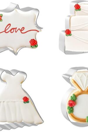 Wedding Cookie Cutters 4 PCS, 3.75'', 4'', Wedding Dress, Cake, Diamond Ring, Square Plaque