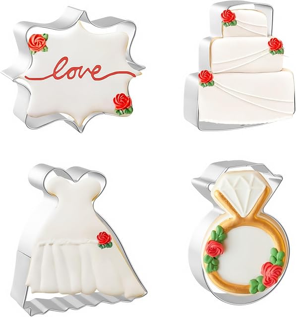 Wedding Cookie Cutters 4 PCS, 3.75'', 4'', Wedding Dress, Cake, Diamond Ring, Square Plaque