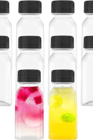 AQSXO 10 Pcs 4 OZ Plastic Juice Bottles, Reusable Bulk Beverage Containers, Comes Black lid, for Juice, Milk and Other Beverages.