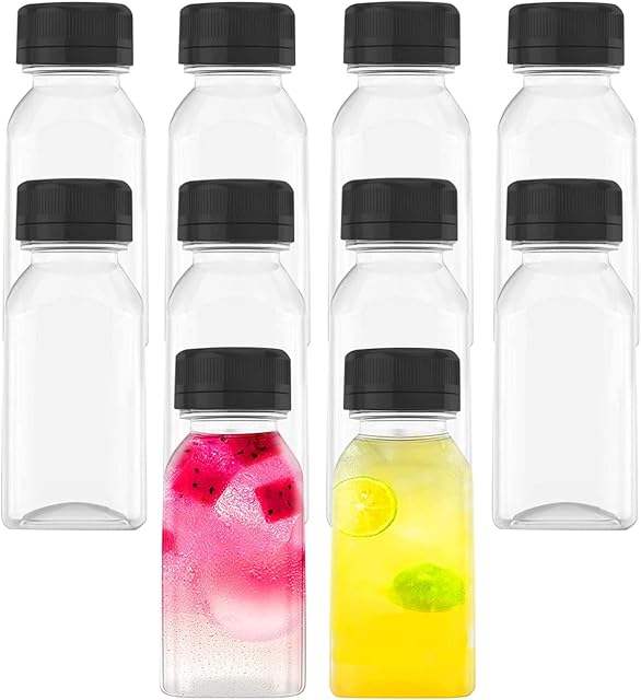 AQSXO 10 Pcs 4 OZ Plastic Juice Bottles, Reusable Bulk Beverage Containers, Comes Black lid, for Juice, Milk and Other Beverages.