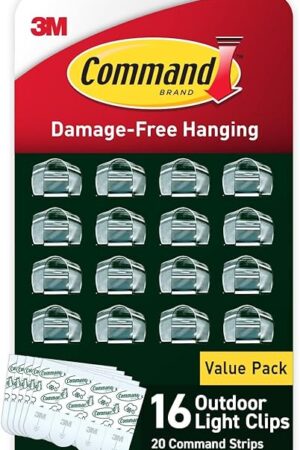 Command Outdoor Light 4 Pack of 16 Clear Clips and 20 Command Strips, Damage Free Hanging with Adhesive Strips, Wall Clips for Hanging Outdoor Lights and Cables Outside