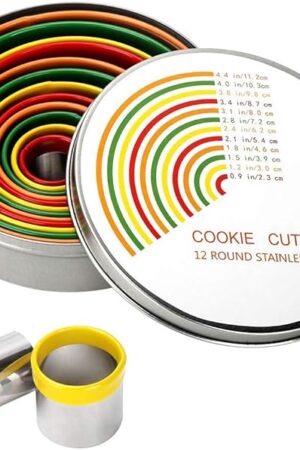Alimat PluS Round Cookie Biscuit Cutter Set, 12 Pack Pastry Cutters in Graduated Sizes for Donut, Dough, Fondant, Clay, Stainless Steel Circle Cutter Cake Ring Molds with Colorful Rubber Coating