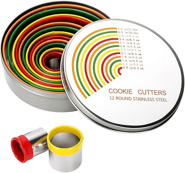 Alimat PluS Round Cookie Biscuit Cutter Set, 12 Pack Pastry Cutters in Graduated Sizes for Donut, Dough, Fondant, Clay, Stainless Steel Circle Cutter Cake Ring Molds with Colorful Rubber Coating