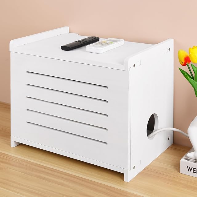 White Router Shelf Projector Shelf Projector Stand Router Storage Box Modem Cable Router Cover Organized Power Strip Cable Management Hider Rack by Solid Wood Need Assembly