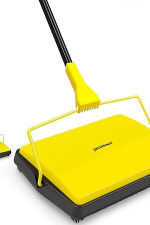 Carpet Sweeper Manual Push with Horsehair Brush, Electrostatic Floor Roller Sweeper Broom Non Electric for Pet Hair, Rug (Yellow)