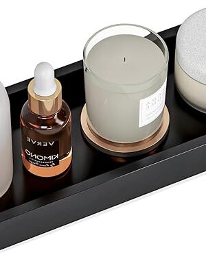 Bathroom Vanity Tray Black Decorative Tray for Counter, 11.2"x 4.3" Small Wood Sink Soap Tray Holder for Kitchen, Dresser Countertop Decor Rectangle Wooden Organizer, Black