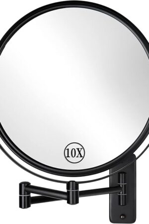 DECLUTTR 9 Inch Wall Mounted Makeup Mirror, 1X/10X Magnifying Mirror Double-Sided, Large Size 360° Swivel Makeup Mirror, Extendable Wall Magnifying Mirror for Bathroom, Black