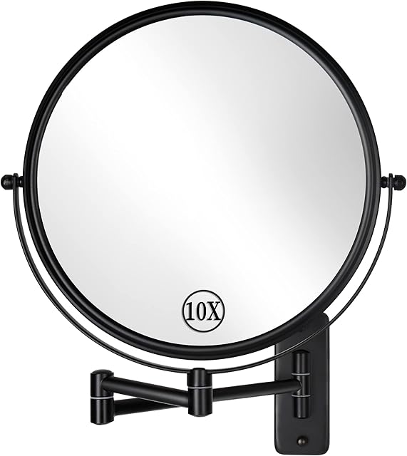 DECLUTTR 9 Inch Wall Mounted Makeup Mirror, 1X/10X Magnifying Mirror Double-Sided, Large Size 360° Swivel Makeup Mirror, Extendable Wall Magnifying Mirror for Bathroom, Black