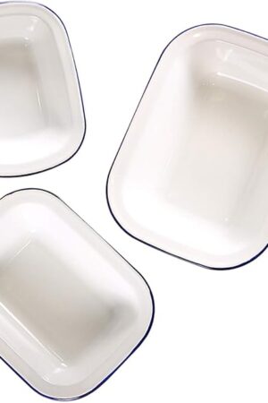 Webake Enamelware Roasting Pan 3 Pack Enameled Steel Oblong Pie Pan Pie Dish Roaster Pan Food Containers, Solid White with Blue Rim
