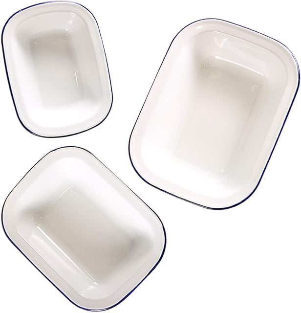 Webake Enamelware Roasting Pan 3 Pack Enameled Steel Oblong Pie Pan Pie Dish Roaster Pan Food Containers, Solid White with Blue Rim