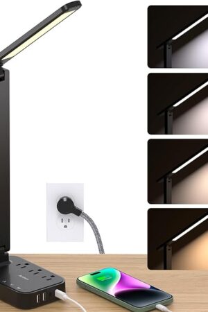 Addtam LED Desk Lamp, Power Strip with 3 Outlets 4 USB Charging Ports(2 USBC), 4 Modes 5 Level Brightness Touch Lamp, Small Desk Lamp for Home Office College Dorm Room Essentials