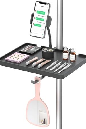 Adjustable Lash Tray Holder for Ring Light – Clip-On Organizer Stand with Phone Holder & Mirror Hook to Put Eyelash Extension Supplies, Perfect for Lash Techs & Salon or Home Use
