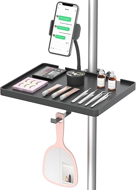 Adjustable Lash Tray Holder for Ring Light – Clip-On Organizer Stand with Phone Holder & Mirror Hook to Put Eyelash Extension Supplies, Perfect for Lash Techs & Salon or Home Use