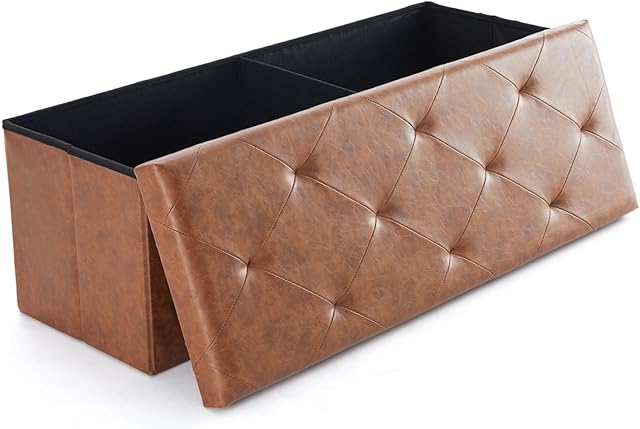 Sweetcrispy 43 Inches Folding Ottoman with Storage Bench, Foot Rest Stool, End of Bed Storage Bench Upholstered, Load 660 lbs, for Living Room, Synthetic Leather, Brown