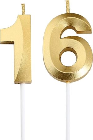 16th Birthday Candles,Gold Number 16 Cake Topper for Birthday Decorations Party Decoration