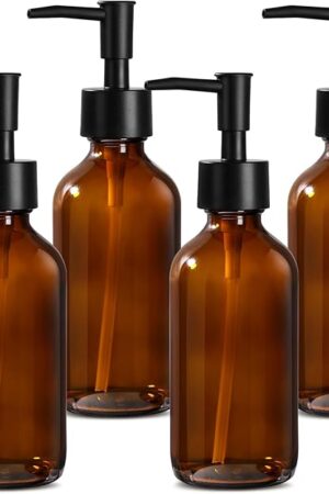 8 fl oz Amber Glass Soap Dispenser 4 Pack, Brown Glass Bottle with Pump, Refillable Round Hand Soap Dispensers Bathroom for Soap, Lotion, Oil, Shampoo