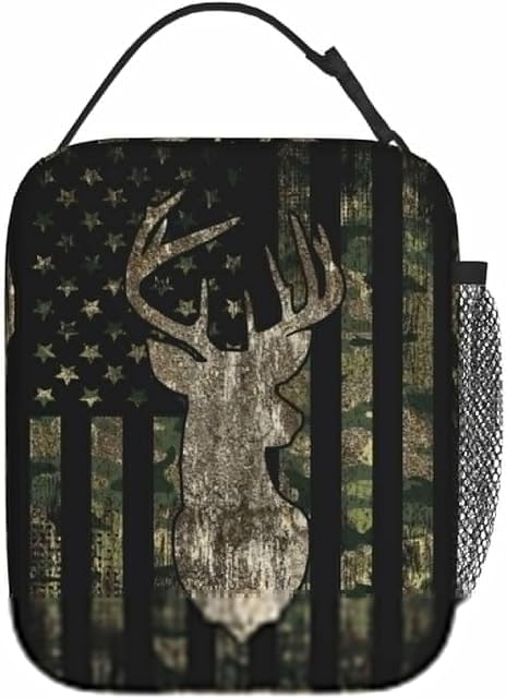 YETTA YANG Camouflage Hunting Tactical Deer Camo American Flag Portable Lunch Bag Insulated Lunch Box Reusable Totes For Women Men Work Picnic Camping
