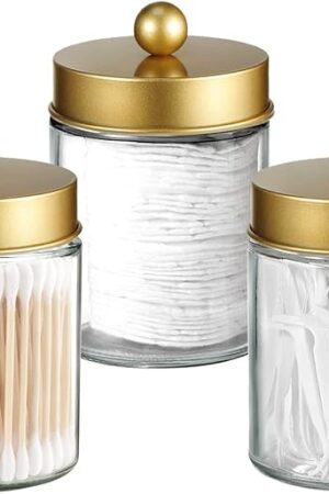 Apothecary Jar Canisters Bathroom Vanity Organizer - Qtip Holder Storage Organizer Countertop -Stainless Steel Lids &Cute Stickers for Qtips,Cotton Swabs,Makeup Sponges,Floss(3 Pack) (Gold)