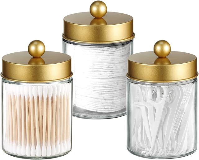 Apothecary Jar Canisters Bathroom Vanity Organizer - Qtip Holder Storage Organizer Countertop -Stainless Steel Lids &Cute Stickers for Qtips,Cotton Swabs,Makeup Sponges,Floss(3 Pack) (Gold)