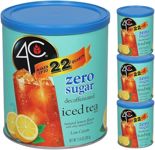 4C Zero Sugar Powdered Drink Mix Cannisters, Zero Sugar Decaffeinated Iced Tea 3 Pack, 22 Quarts, Family Sized Cannister, Low Calorie, Thirst Quenching Flavors