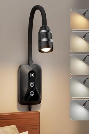 Wall Mounted LED Reading Light for Bed Headboard - 5 Color & Brightness Levels Dimmable Book Light with Touch/Wave Control, USB Output & 360° Gooseneck - Night Reading Lamp for Books in Bed