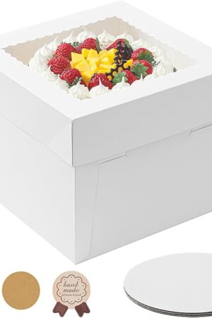 3 Pack Cake Boxes, 10x10x8 Inches Tall Cake Box with Cake Boards, White Bakery Boxes with Window, Disposable Cake Containers with Lids for Cake, Donuts, Pies, Cookies, Wedding, Birthday, Party