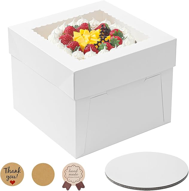 3 Pack Cake Boxes, 10x10x8 Inches Tall Cake Box with Cake Boards, White Bakery Boxes with Window, Disposable Cake Containers with Lids for Cake, Donuts, Pies, Cookies, Wedding, Birthday, Party