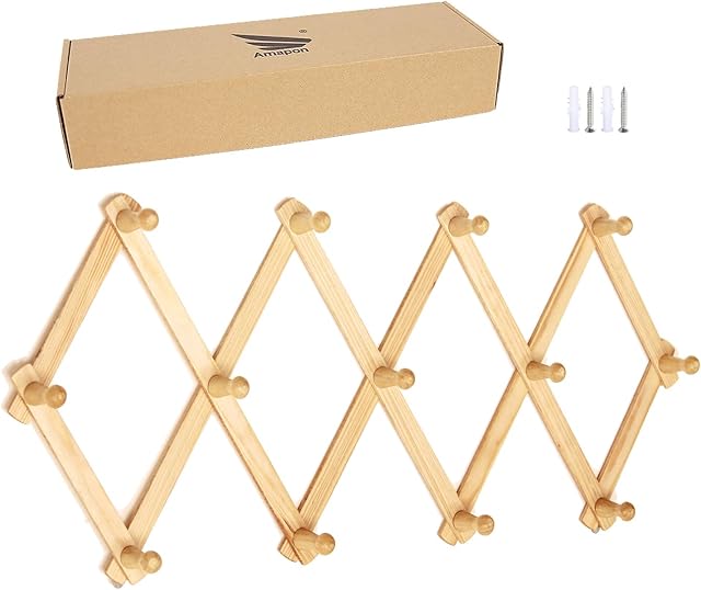 AMAPON Accordion Style Expandable Wall Wooden Coat Rack 13 Hooks (Pegs) Hang Hats Jackets Coffee Mug Purses Necklaces Towels Cap Leash Scarves Data Line Kitchenware