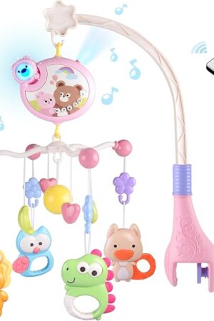 Crib Mobile with Music and Lights, Baby Mobiles for Cribs, Nursery Musical Mobile for Bassinets Toys Hanging Girls Boys, Pack and Play Space Portable Animal Mobile Hanger Arm Clip On Attachment
