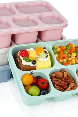 Bento Lunch Boxes - Reusable 5-Compartment Food Lunchables Containers, Snack Boxes For Adults Container for School, Work, and Travel, Set of 4 (Wheat)