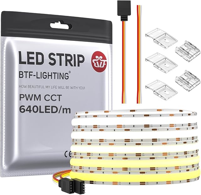 BTF-LIGHTING FCOB COB LED Strip CCT Flexible High Density 16.4FT 640LED/m Tunable 3000K-6000K CRI 90+ Dimmable Light Ribbon for Bedroom Kitchen Indoor Decoration DC24V(No Adapter or Controller)
