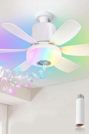 4 in 1 Socket Fan Light with Remote, 18.5 inch Small Ceiling Fans with Dimmable Led Light, Bluetooth Speaker, 3 Colors, 3 RGB Mode, 3 Fan Speeds, Screw in E26 Base for Bedroom Kitchen -White