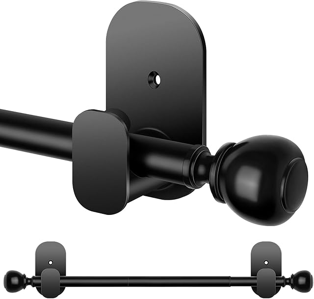 Black No Drill Curtain Rods for Windows 48 to 84 inch, USFOOK 5/8 Inch No Drill Drapery Rods with 3M Adhesive Holders, Apartment Friendly Curtain Rod with Round Finials