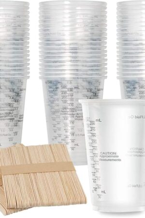 100pcs 8oz Graduated Clear Plastic Measuring Cups with 100pcs Wooden Stirring Sticks for Mixing Paint, Pigments, Epoxy Resins, Resins