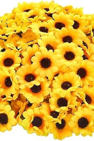 100Pcs Yellow Artificial Flower Heads Mini Fake Sunflower Decorative Fabric Flowers Craft Floral Embellishments for Wreaths Wedding Artificial Flowers