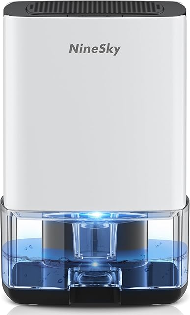 NineSky Dehumidifier for Home, 35oz Water Tank (300 sq.ft), Small Dehumidifiers for Bathroom, Bedroom, Basement with 7 Colorful Lights, Auto Shut Off, White